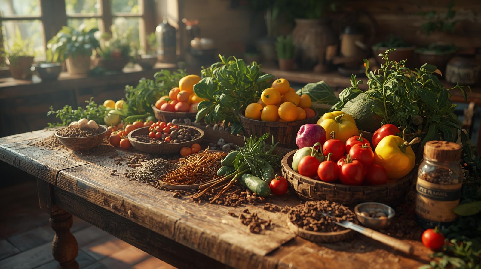 Big, bright image of a rustic wooden table overflowing with colorful fruits, veggies, herbs, and spices—inviting and wholesome.