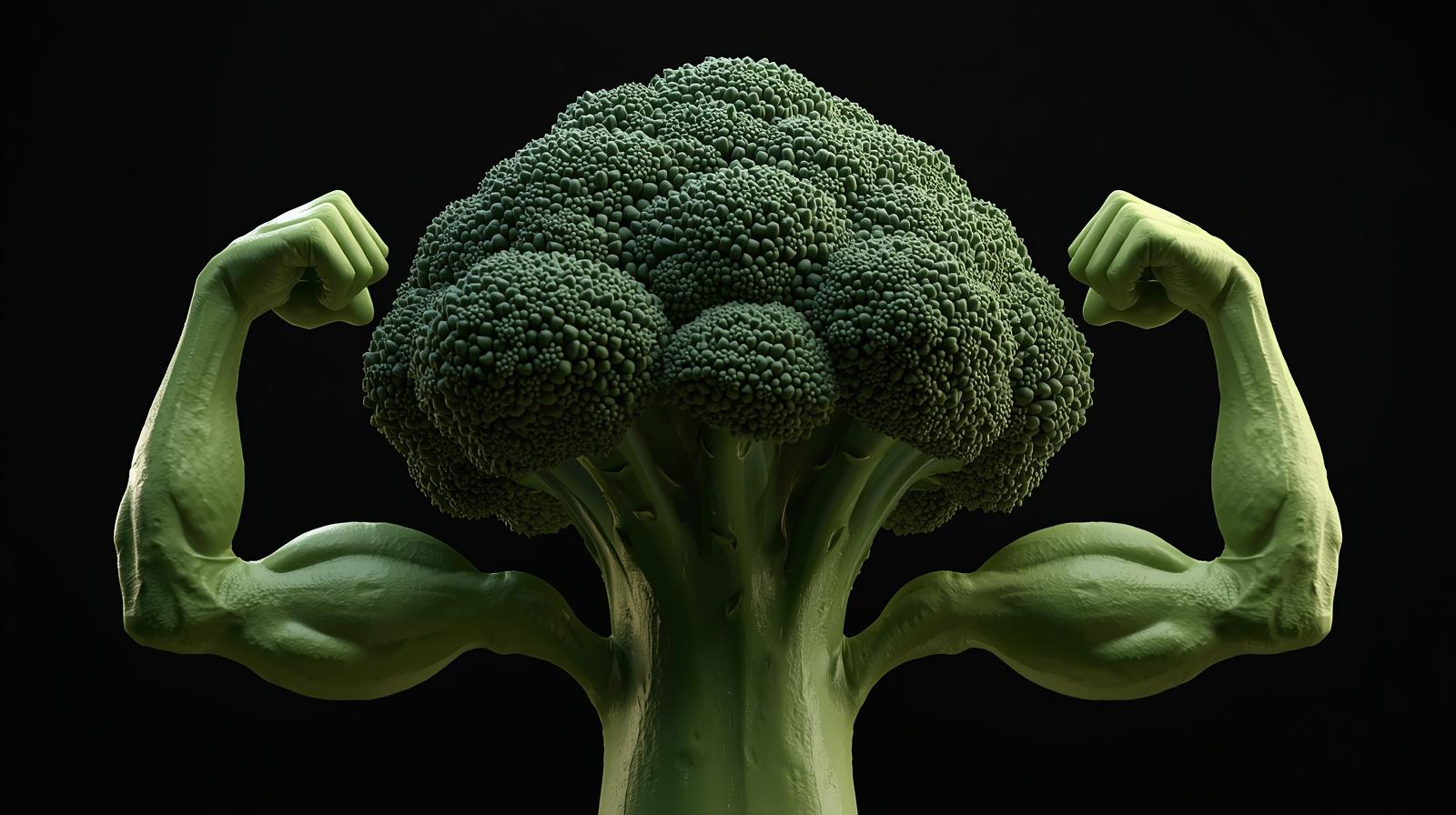 Cartoon of broccoli flexing muscles.
