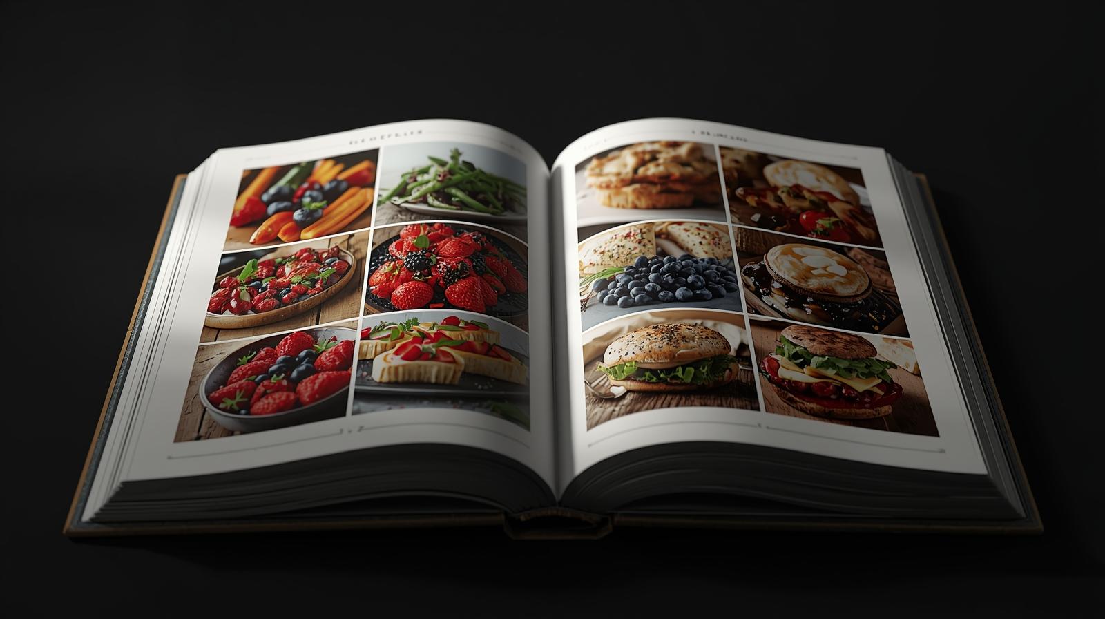 Open eBook mockup with sample pages showing colorful foods.