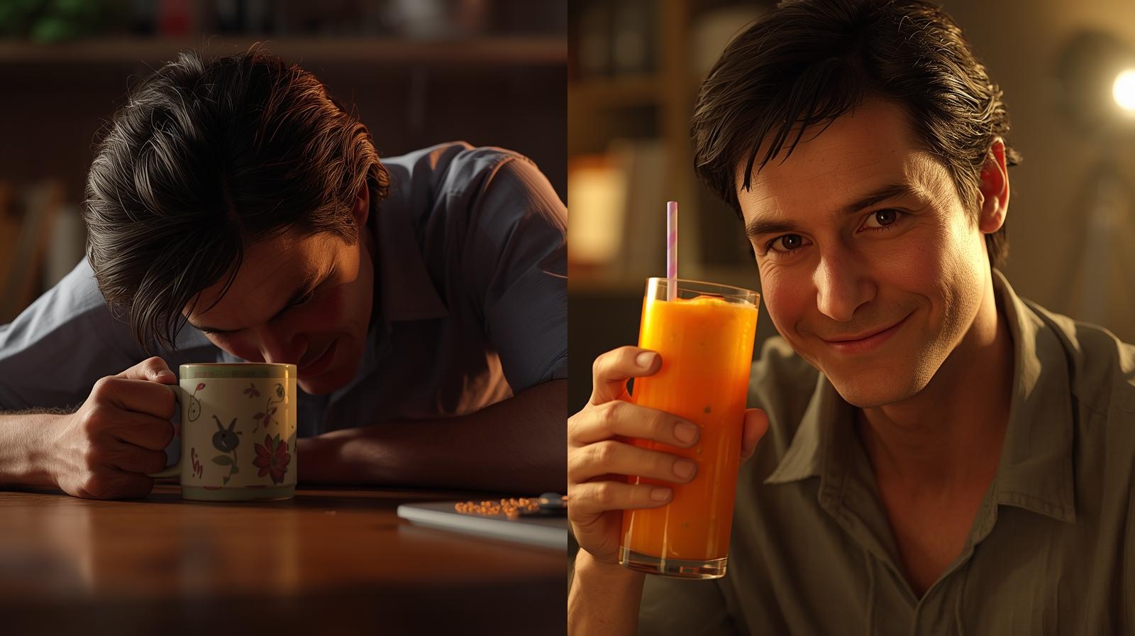 Side-by-side_ “Before (slumped over desk with coffee mug, scowling)” vs. “After (bright-eyed, holding smoothie, smiling).”